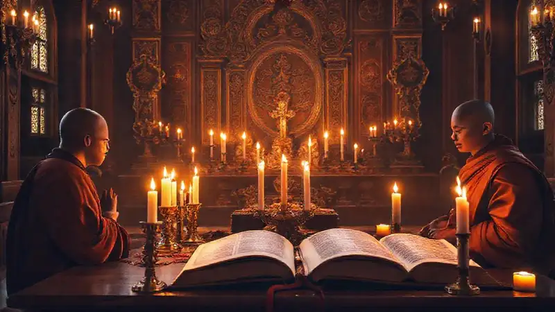 Altar sagrado con velas y monjes meditativos
