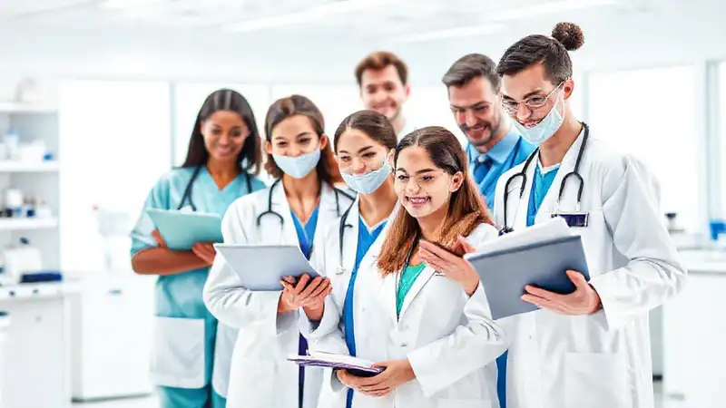 Profesionales de salud en ambiente moderno y colaborativo