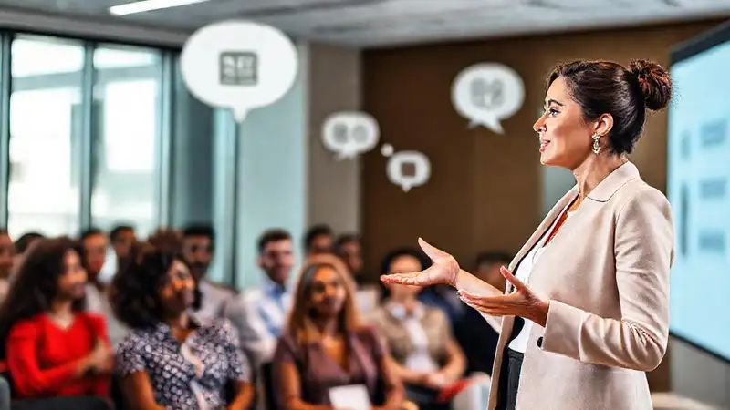 Mujer profesional inspira liderazgo en conferencia moderna