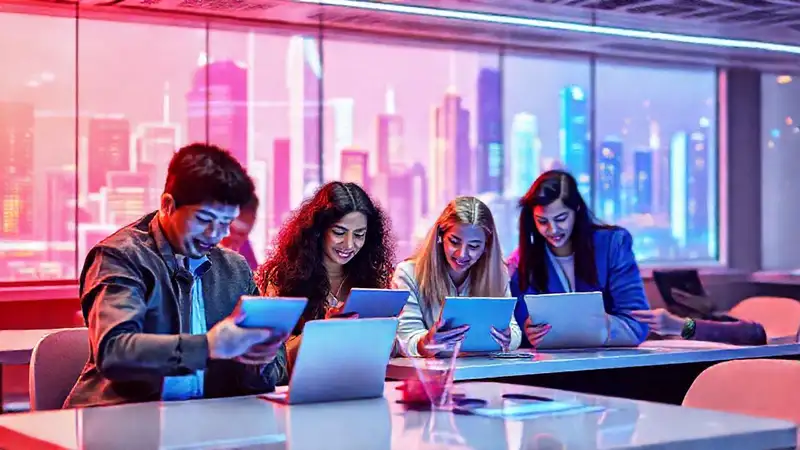 Aula digital moderna con profesionales y tecnología