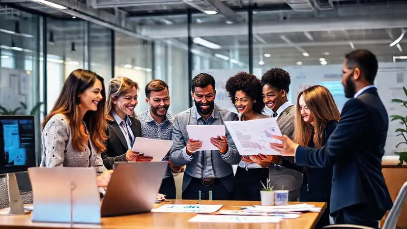 Liderazgo innovador en oficina moderna y diversa
