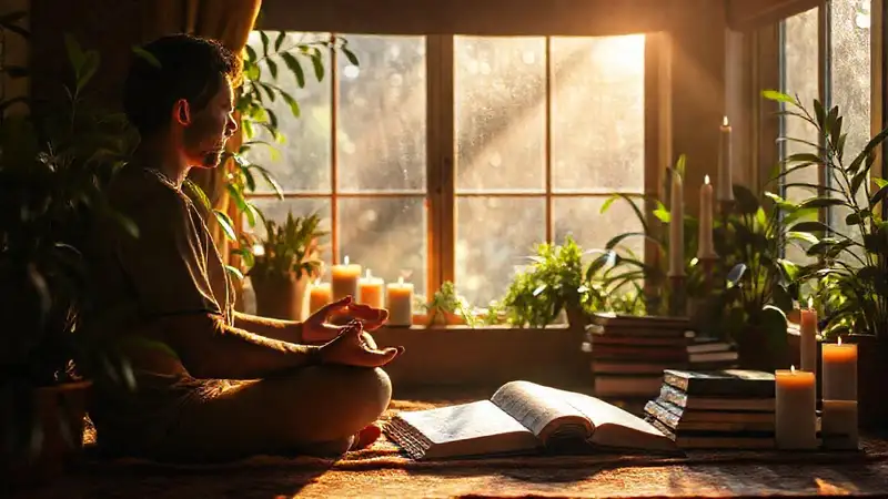 Libro, meditación y naturaleza en paz