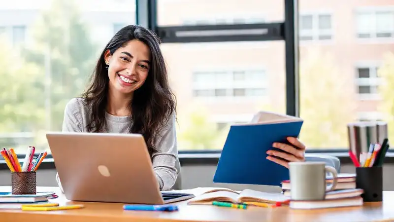 Estudiante estudia con laptop en escritorio organizado