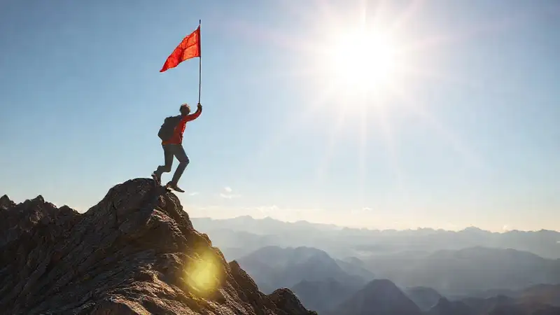 Estudiante conquista montaña con determinación y bandera