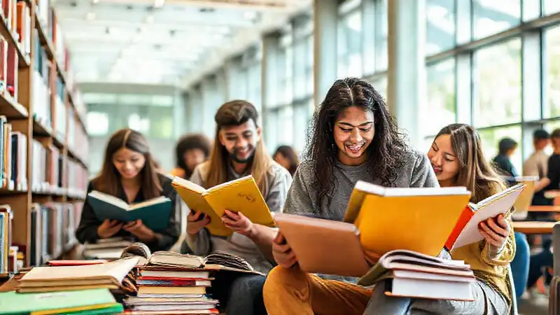 Estudiantes en biblioteca colaborando en aprendizaje