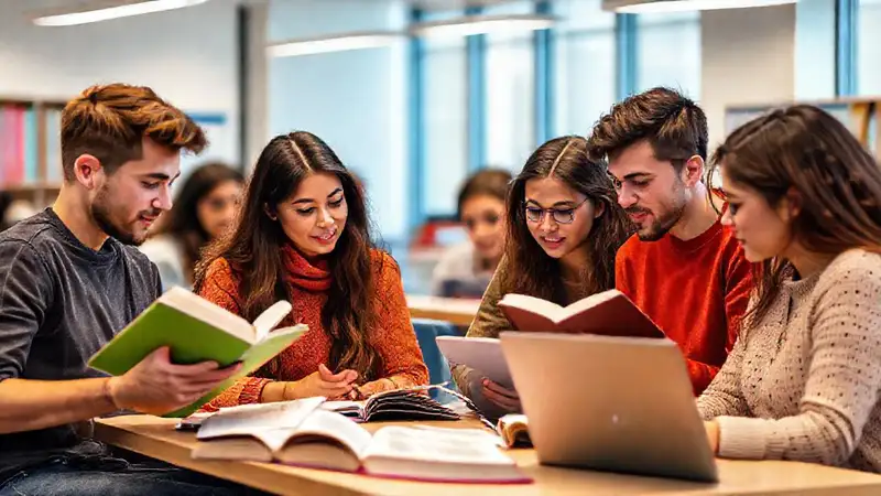 Estudiantes estudiando y discutiendo en grupo