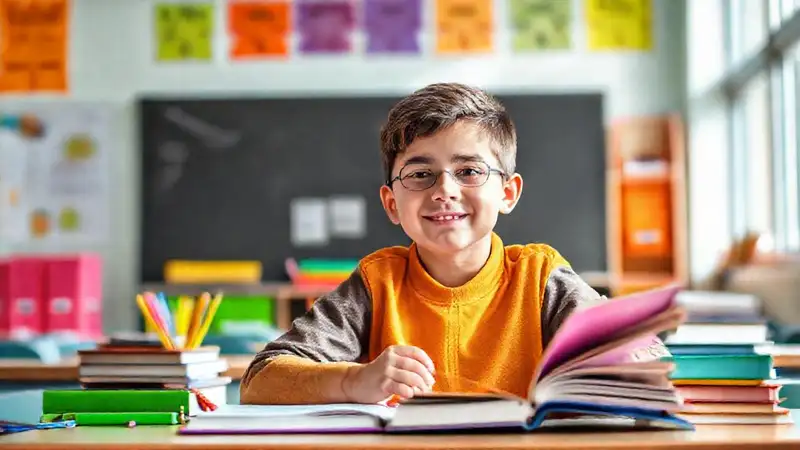 Estudiante motivado con herramientas educativas coloridas