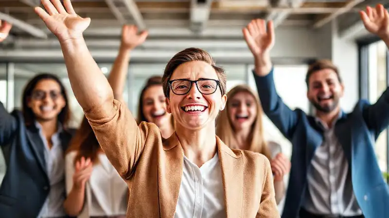 Persona exitosa celebrando con colegas en oficina