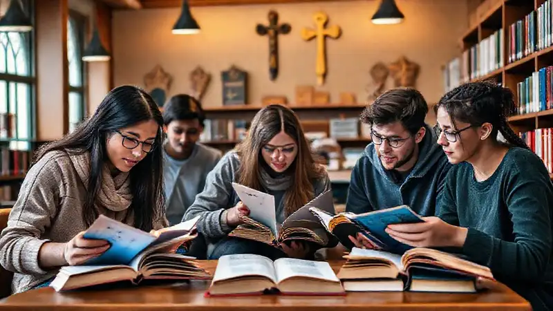 Estudiantes en biblioteca colaborando en aprendizaje
