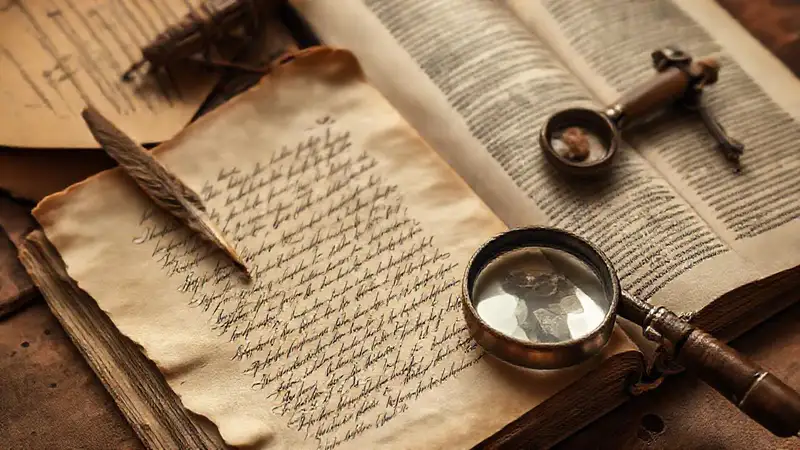 Papiro antiguo con notas y lupa de estudio