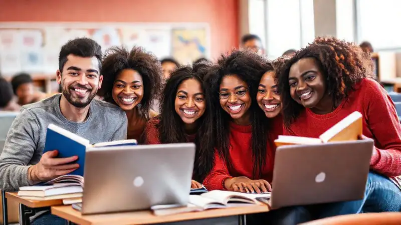 Estudiantes diversos aprenden juntos en ambiente amigable