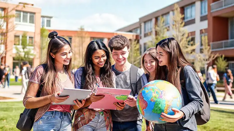 Estudiantes colaborando en un campus colorido y dinámico