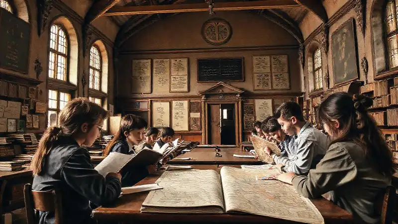 Escuela histórica con estudiantes y ambiente inspirador
