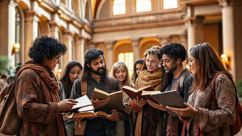 Estudiantes en campus university estudian teología juntos