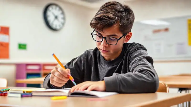 Estudiante motivado estudia matemáticas en aula moderna