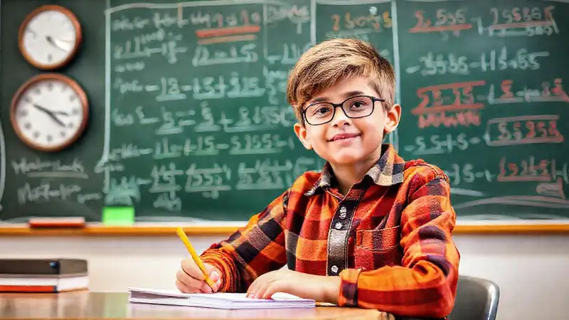 Estudiante motivado estudiando matemáticas en aula