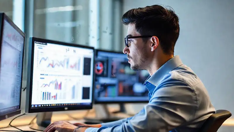 Estudiante analiza datos en un entorno moderno