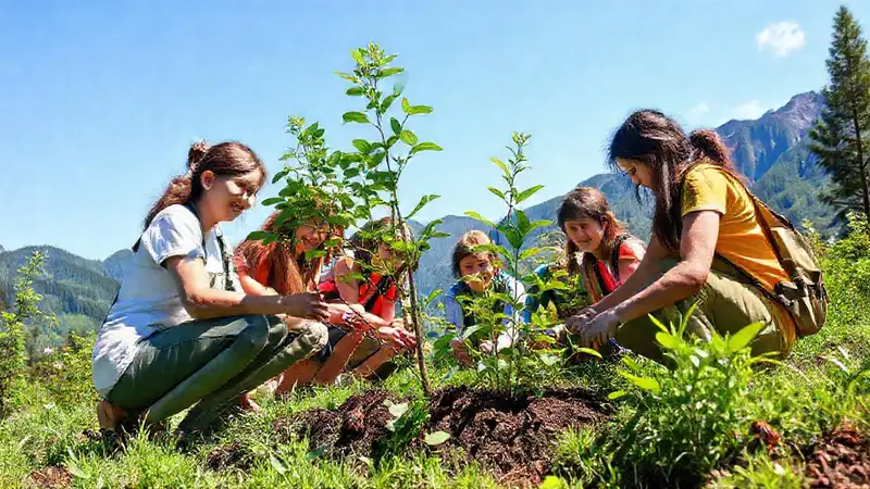 Equipo voluntario planta árboles en paisaje natural